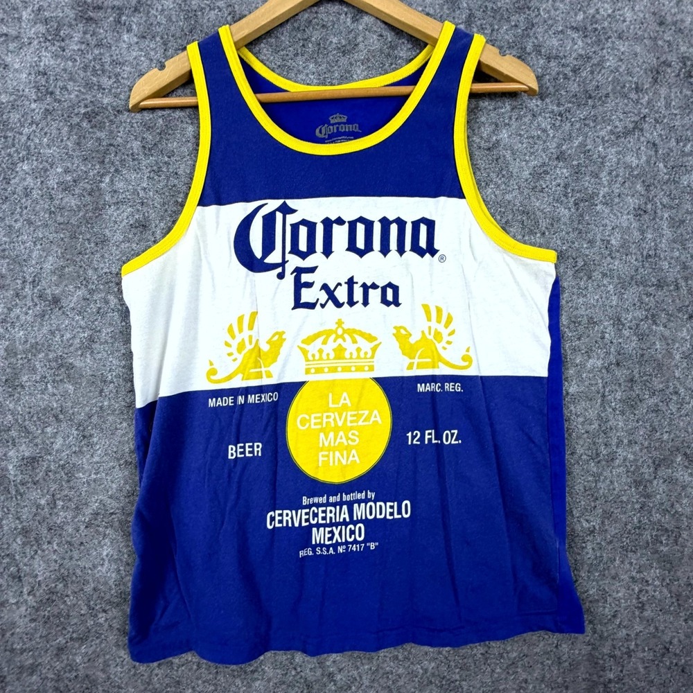 Corona Extra Beer Tank Top Men Medium Blue Graphic Print Scoop Neck Hipster City